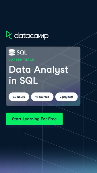 This image ad for Datacamp promotes its SQL Career Track. The ad highlights the courses and projects included in the tra