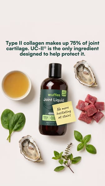 This image ad for Wuffes Joint Liquid features the ingredients that make up the joint support product. A liquid bottle s