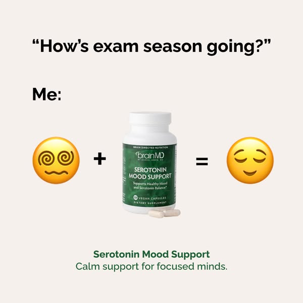 This image ad utilizes a meme-style format to present the BrainMD Serotonin Mood Support product as a solution to the st