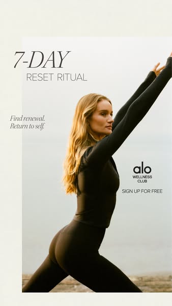 This ad promotes Alo Wellness Club's 7-day reset ritual, encouraging viewers to sign up for free and find renewal an
