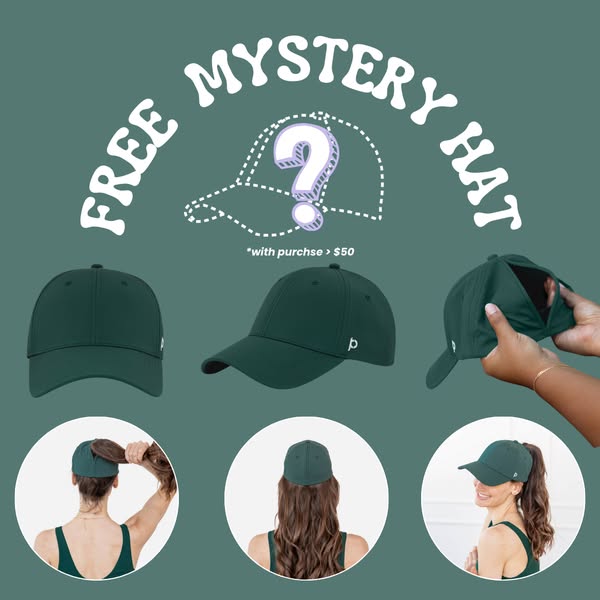 This image ad promotes a free mystery hat with purchases over $50. It showcases a green baseball cap from multiple angle