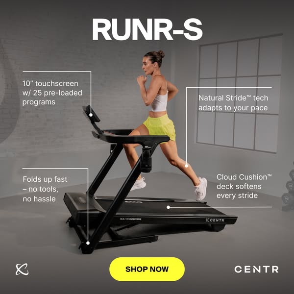 This image ad for the RUNR-S treadmill features a woman running on the product. The ad highlights several of the product