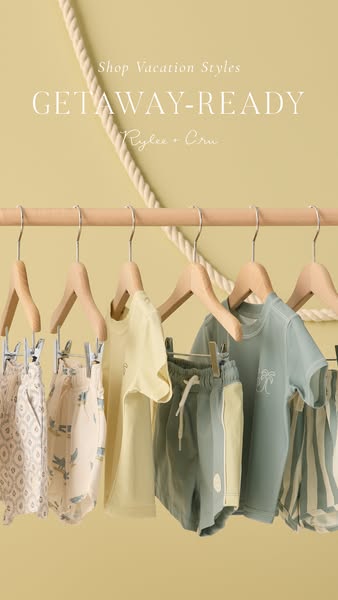 This ad showcases a selection of children's clothing from Rylee + Cru, focusing on vacation-ready styles in a soft, 