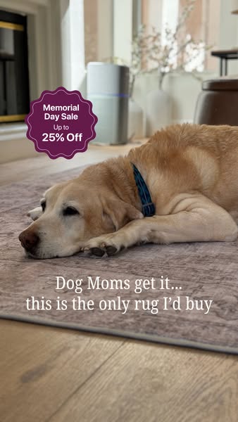 This image ad promotes a rug brand, leveraging a Memorial Day Sale. It employs a dog lying comfortably on the rug as a v