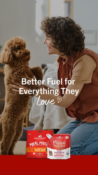 An ad for Stella & Chewy's pet food products shows a woman looking happily at her dog. The ad promotes "Bet