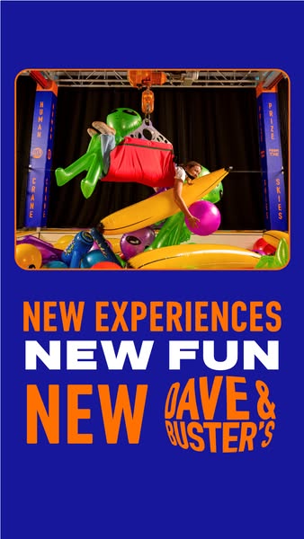This ad promotes Dave & Buster's new human crane game using a colorful and playful visual. A woman is suspended 