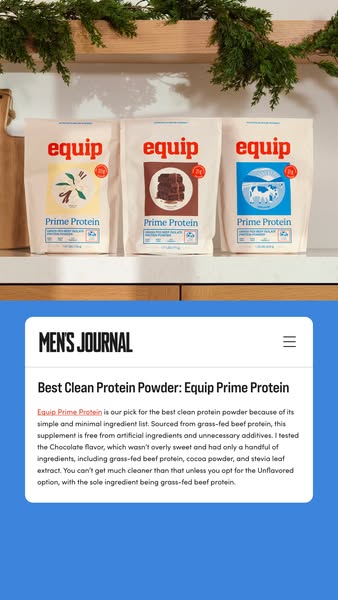 This image ad features a magazine review for Equip Prime Protein that labels it as the best clean protein powder. The im