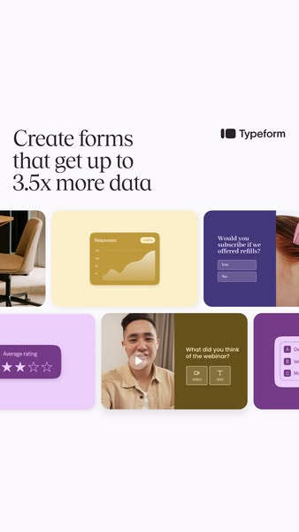 This ad promotes Typeform, a platform that helps users create forms that get up to 3.5x more data. The ad features a var