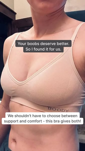 This ad features a woman wearing a Boody brand bra. The ad highlights the bra's comfort and support.