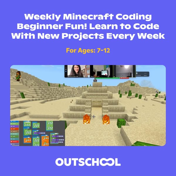 This ad promotes a weekly Minecraft coding class that's beginner friendly. The ad emphasizes that kids will learn to