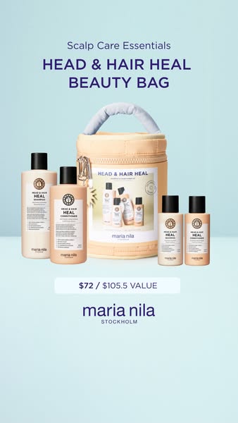 This ad displays the Maria Nila Head & Hair Heal beauty bag, emphasizing it as a scalp care essential.