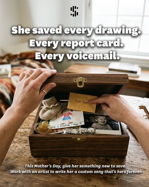 This ad is for Mother's Day. It shows a box filled with childhood mementos with the message that you can give her so