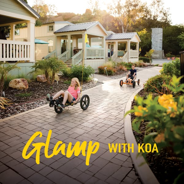 This ad promotes KOA camping resorts, emphasizing their luxury "glamping" options. It features children enjoyi