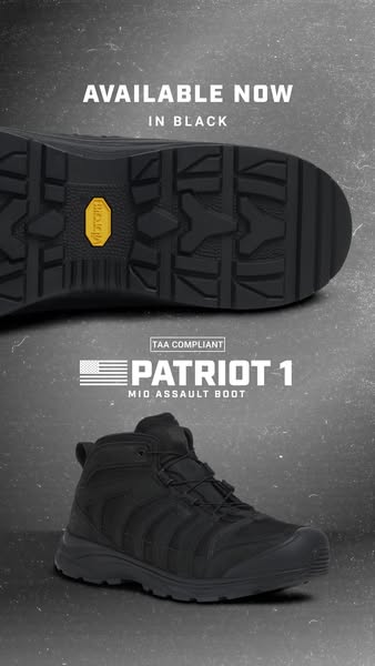 This ad showcases the Patriot 1 Mid Assault Boot, emphasizing its availability in black and TAA compliance. The ad is vi