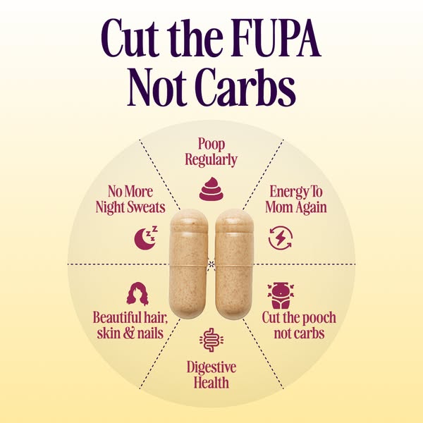 This image ad promotes a supplement that helps women cut the FUPA without cutting carbs. The ad uses a spoke and wheel d