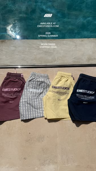 This ad showcases four pairs of shorts from the brand EMESTUDIOS, highlighting their availability online and their 2026 
