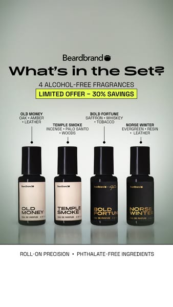 An image ad for the Beardbrand fragrance set, highlighting the four alcohol-free fragrances and the limited-time offer o
