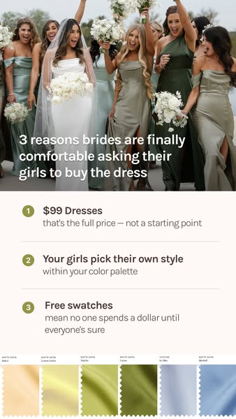 This image ad presents three reasons why brides are finally comfortable asking their bridesmaids to buy their own dresse