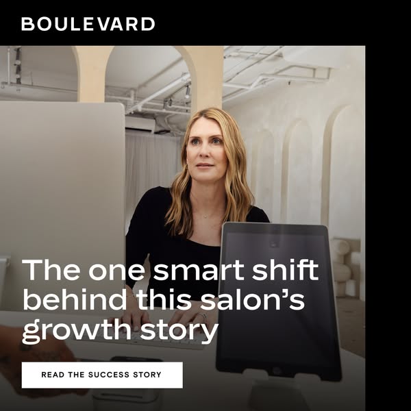 This image ad for Boulevard features a salon owner working at her desk with a computer and tablet. The ad promotes Boule