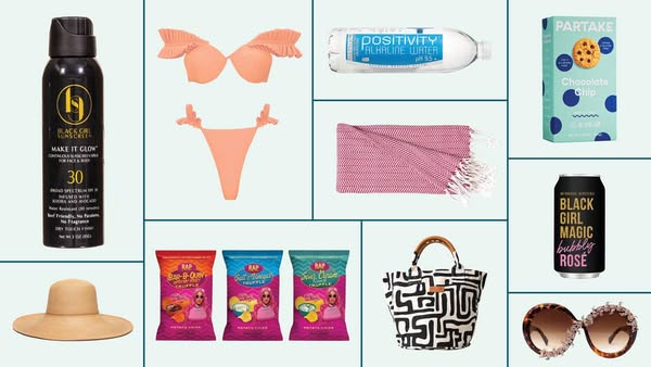 The ad features a variety of lifestyle and beauty products. The products include sunscreen, chips, alkaline water, cooki