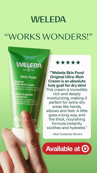 This ad promotes Weleda Skin Food Original Ultra-Rich Cream. It highlights the cream's effectiveness for dry skin, f