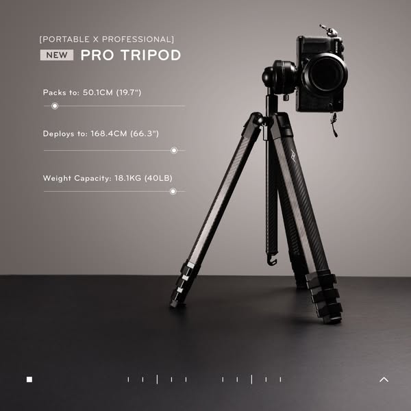 This ad highlights the features of a new pro tripod, emphasizing its portability and professional-grade capabilities. It