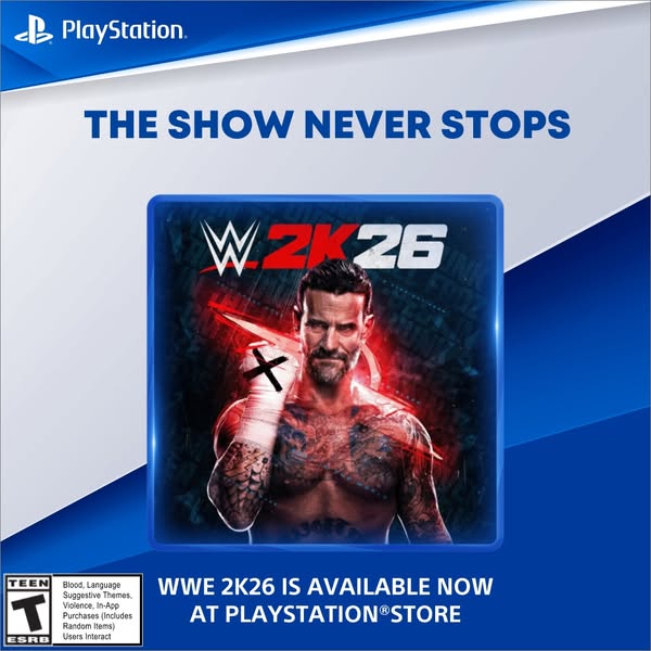 An ad for the WWE 2K26 video game available at the Playstation store.