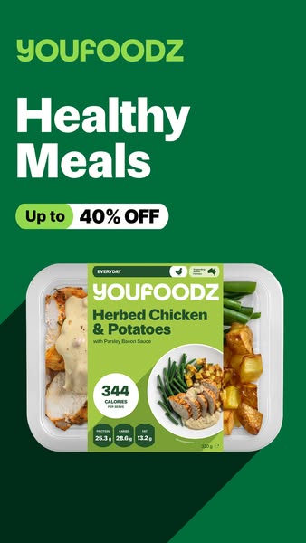 This ad for Youfoodz features a pre-made meal and announces up to 40% off.