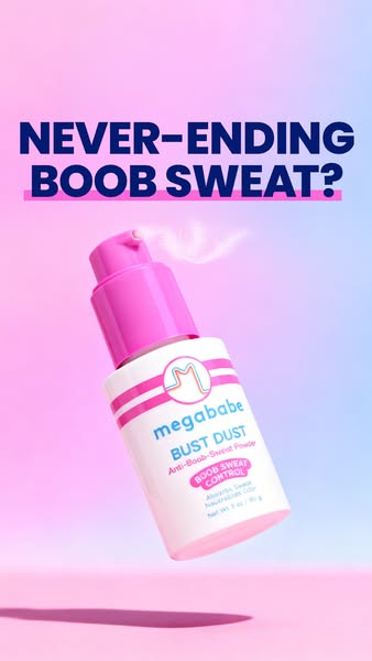 This image ad for Megababe Bust Dust addresses the problem of boob sweat with their anti-boob-sweat powder. The creative
