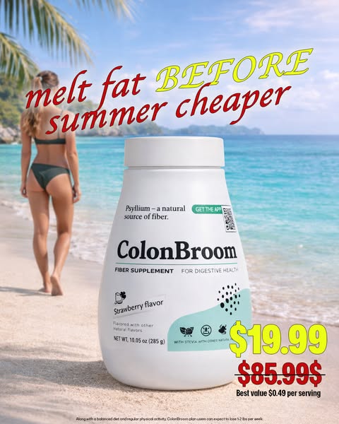 This ad for ColonBroom shows a woman walking on the beach in a bikini, with a bottle of ColonBroom in the foreground. Th