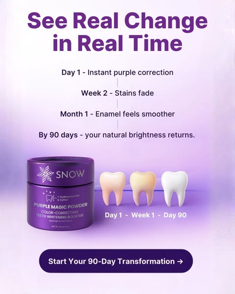 This ad for Snow's Purple Magic Powder shows the timeline of teeth whitening results after using the product. The ad