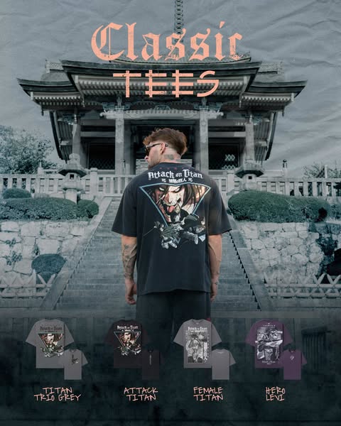 This image ad showcases a variety of "Attack on Titan" themed tees. It features an individual wearing one of t