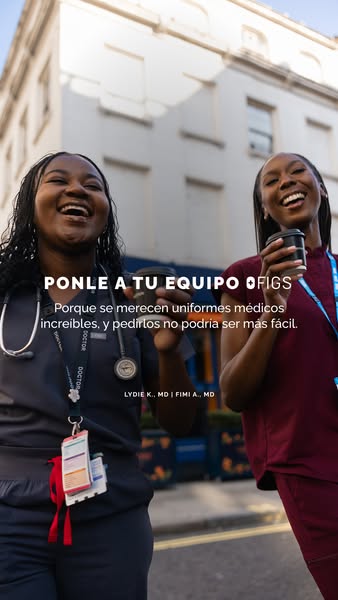 This ad for FIGS features two female doctors wearing FIGS scrubs and holding coffee cups. The ad copy emphasizes the com