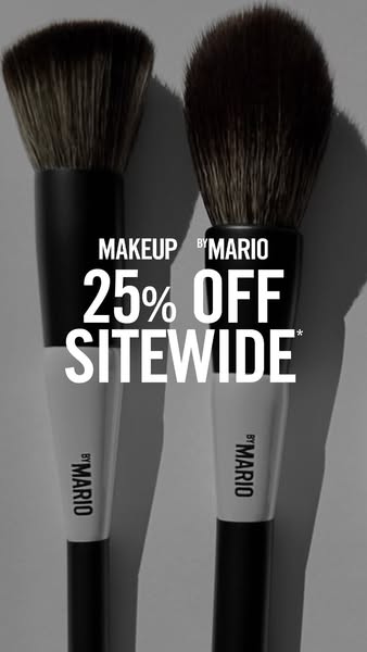 An image ad for MAKEUP BY MARIO promoting a 25% off sitewide sale. The image features two makeup brushes and bold text a