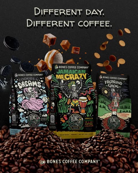 The ad showcases three of Bones Coffee Company's most popular coffee flavors, 'Cookies N Dreams', 'Jamai