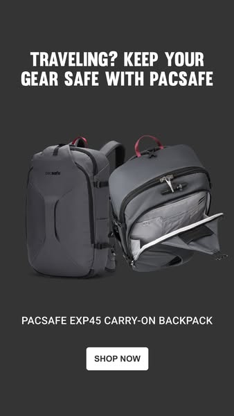 This ad promotes Pacsafe's EXP45 Carry-on Backpack, highlighting its use for travel and the ability to keep gear saf