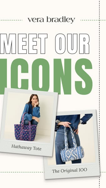 This image ad showcases two Vera Bradley bag styles, the Hathaway Tote and The Original 100, against a cream-colored bac