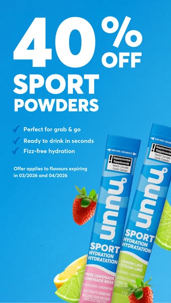 This image ad promotes Nuun Sport hydration powders, offering 40% off expiring flavors. It highlights the product's 