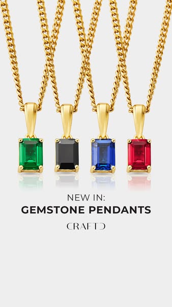 This ad showcases CRAFTD's new gemstone pendants, highlighting their variety of colors and elegant design.