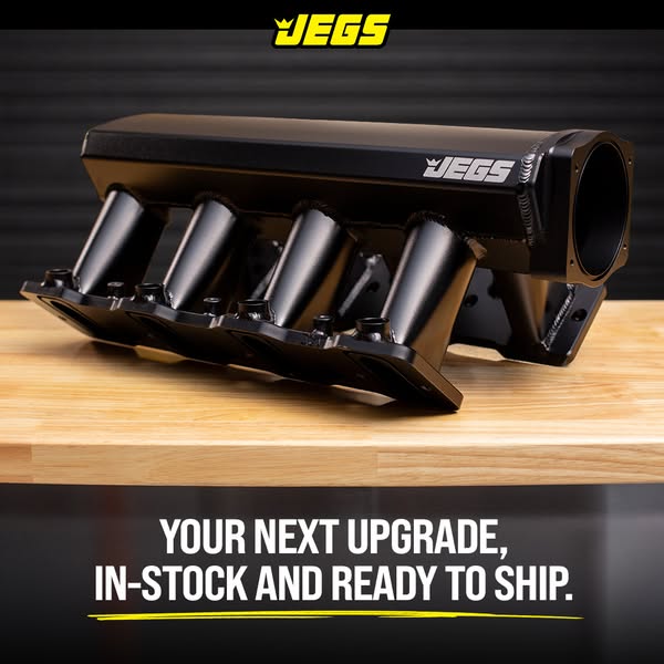 This image ad promotes JEGS auto parts. It features an aftermarket intake manifold against a neutral background. The pri
