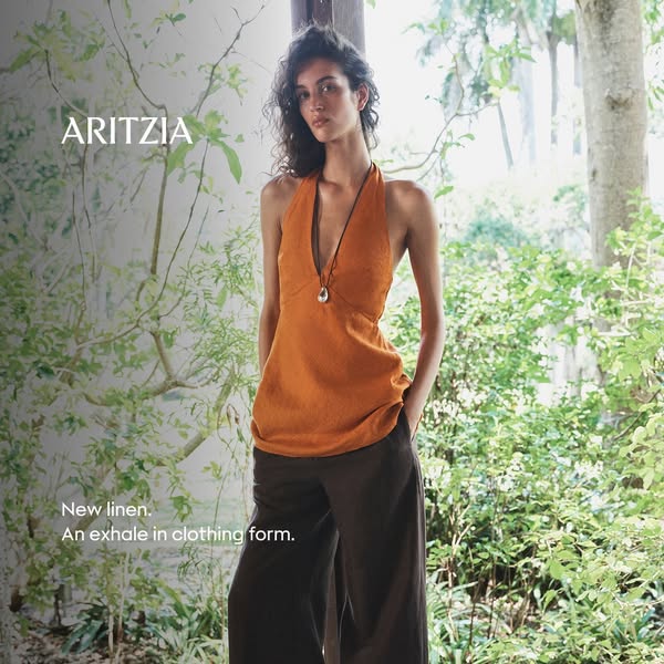 This Aritzia ad showcases new linen clothing, emphasizing its comfort and breathability with the tagline 'An exhale