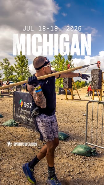This image ad promotes the Spartan Sprint/Super/Kids race in Michigan on July 18-19, 2026. It features a man participati