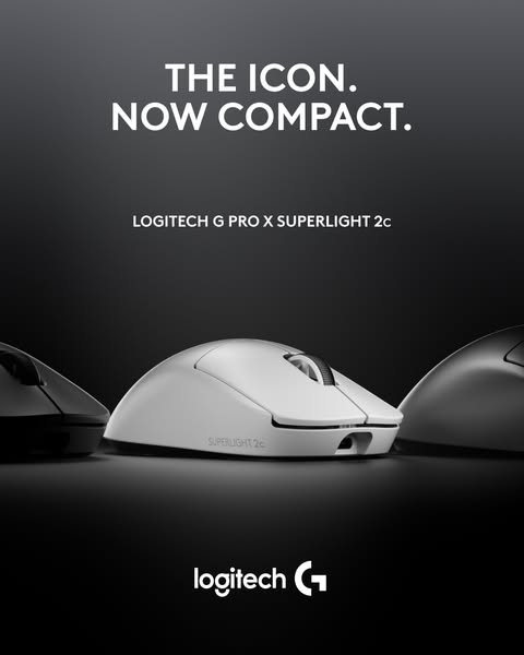 This ad showcases the Logitech G Pro X Superlight 2c mouse, emphasizing its compact design while maintaining the iconic 