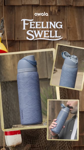 This ad features an Owala water bottle against a wood plank background, with additional framed photos of the same bottle