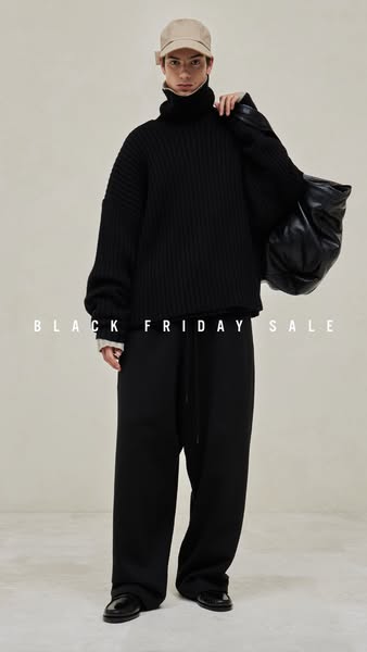 This ad showcases a person wearing a black turtleneck sweater and black pants. The ad promotes a Black Friday sale.