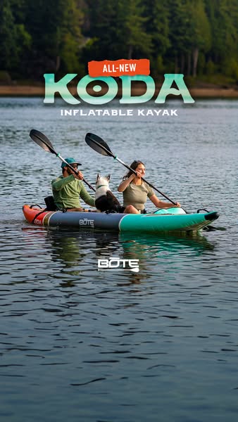 This ad showcases the BOTE KODA inflatable kayak being used by a couple and their dog on a lake. The ad highlights the k
