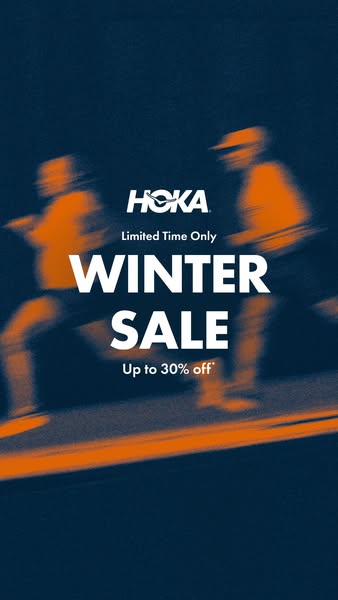 This ad promotes Hoka's winter sale with up to 30% off. The ad features two blurred runners in motion, emphasizing t