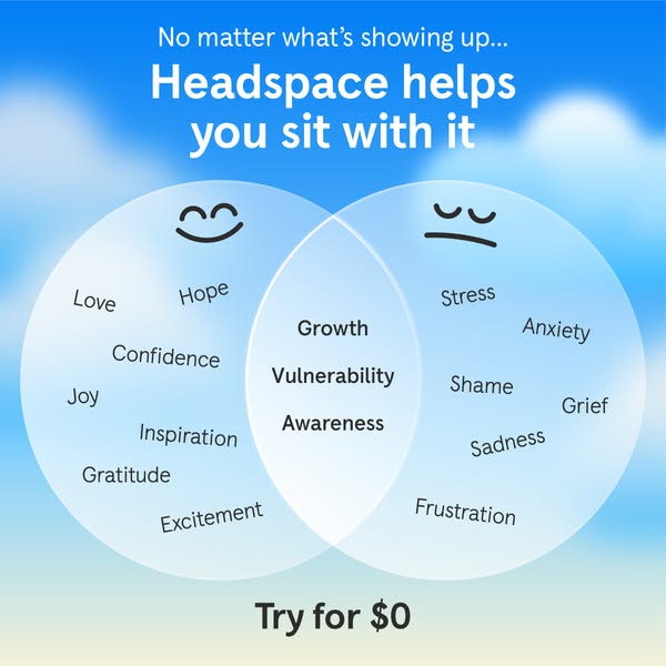 This ad for Headspace employs a Venn diagram to illustrate the benefits of the app. On one side, feelings like Love, Joy