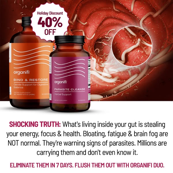 This ad highlights the problem of parasites in the gut, which are the source of energy loss, brain fog, fatigue, and blo