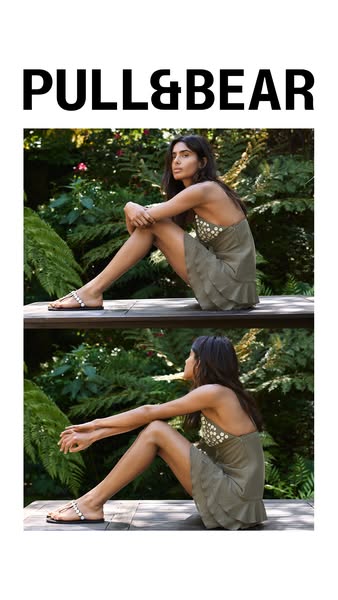 An ad by Pull&Bear features a woman wearing a dress and sandals while posing in an outdoor setting.